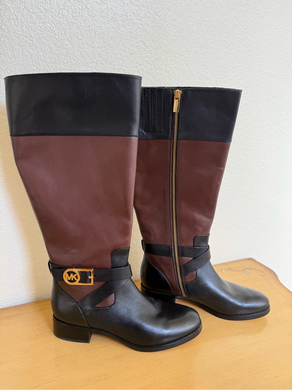 Michael Kors Two-Tone Black and Brown Leather Mid-Calf Boots